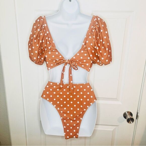 Marina West Brown White Polka Dot Two Piece Swimsuit Set Bikini Sleeve XL NWT - Picture 8 of 12